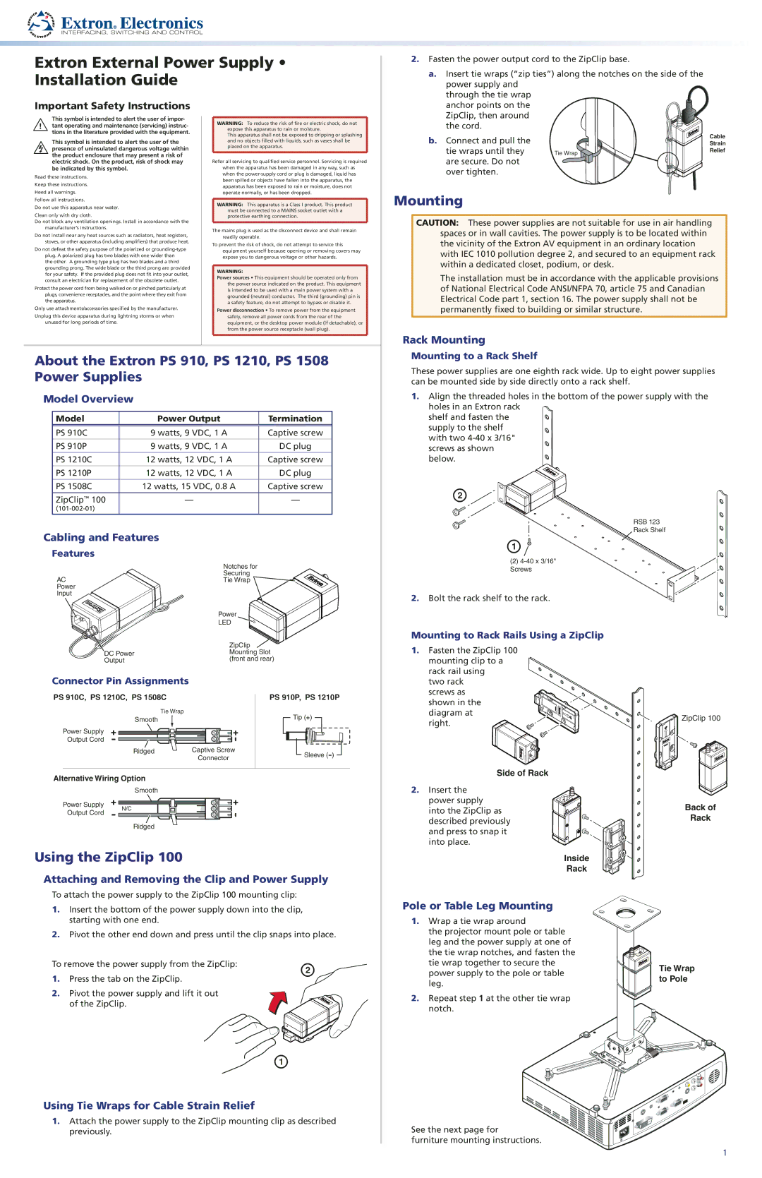 Extron electronic important safety instructions Mounting, About the Extron PS 910, PS 1210, PS 1508 Power Supplies 