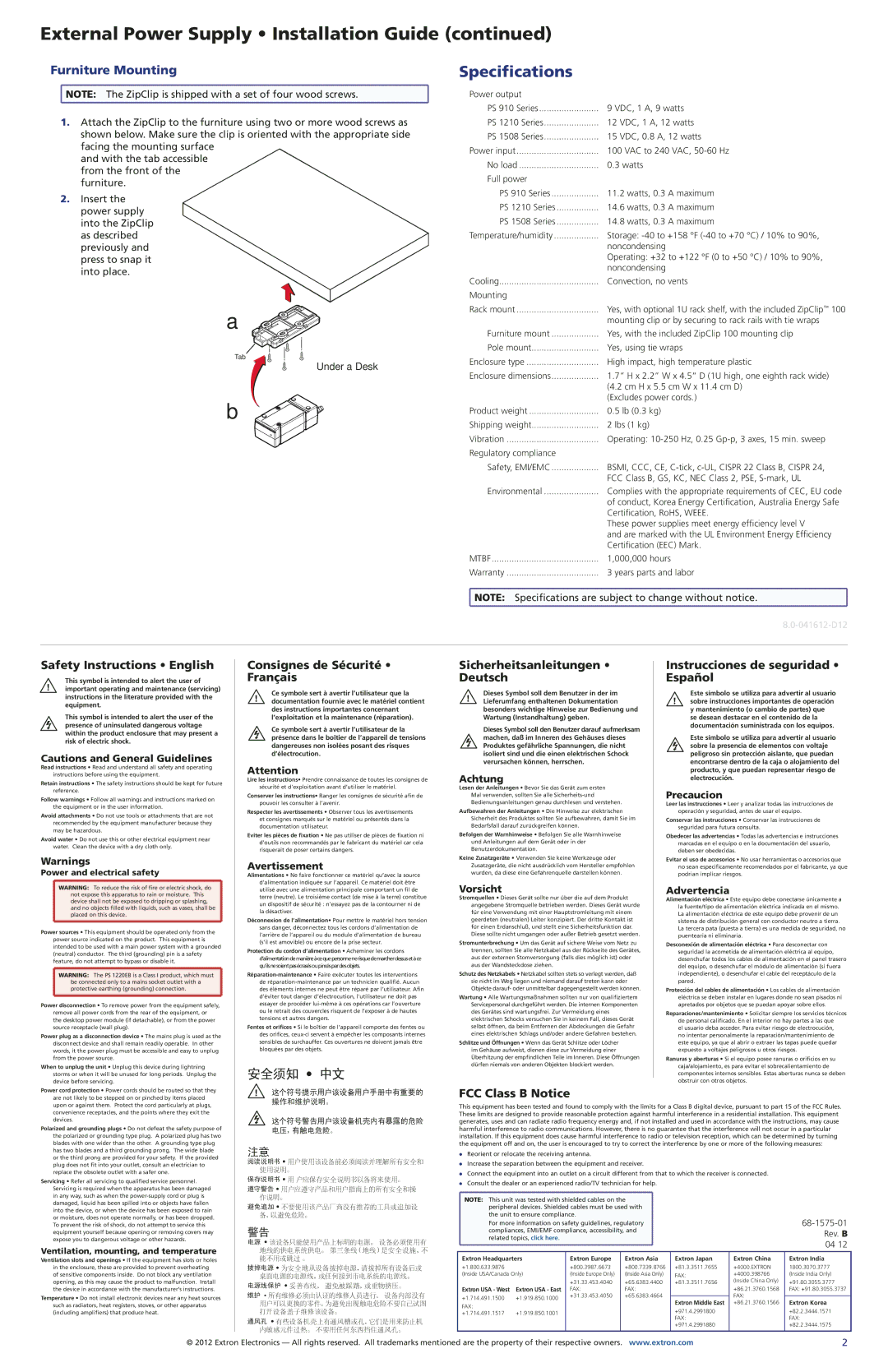 Extron electronic PS 1508C, PS 910, PS 1210P important safety instructions Specifications, Furniture Mounting 