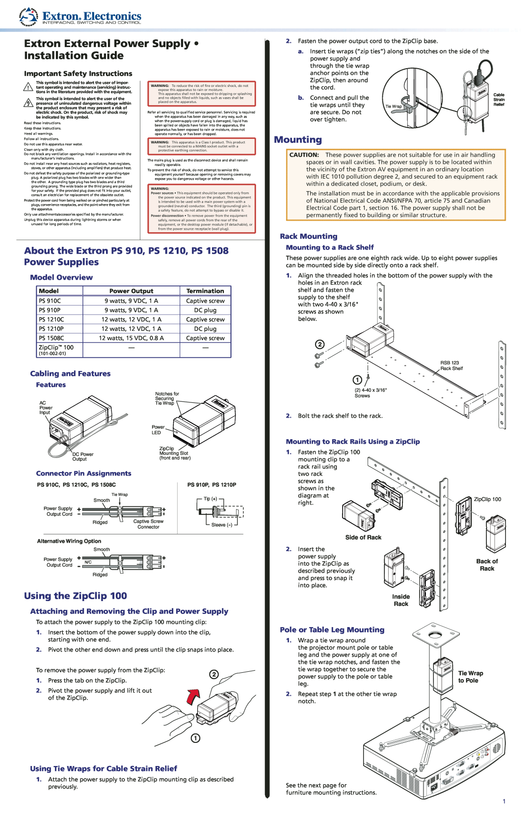 Extron electronic PS 1508 important safety instructions Extron External Power Supply Installation Guide, Mounting, Model 