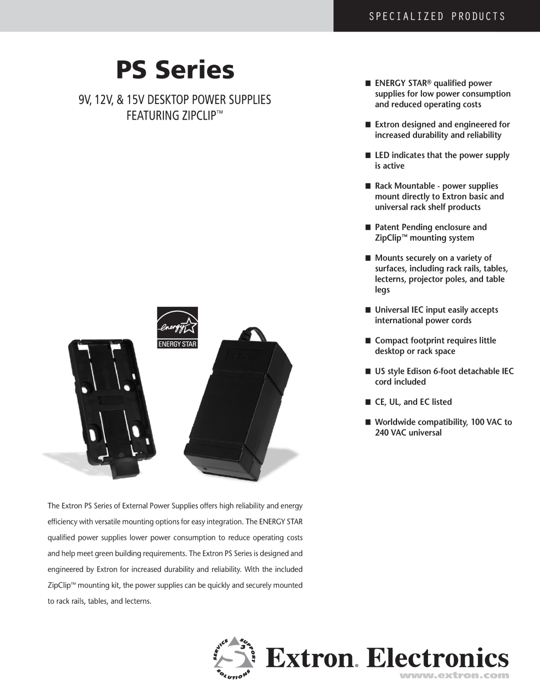 Extron electronic PS Series manual 9V, 12V, & 15V Desktop power supplies Featuring ZipClip 