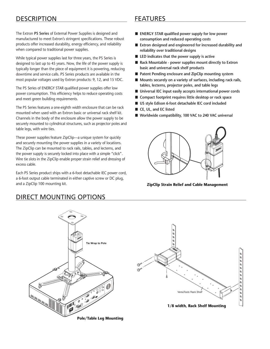 Extron electronic PS Series manual DESCRIPTIONFeatures, Direct mounting options 