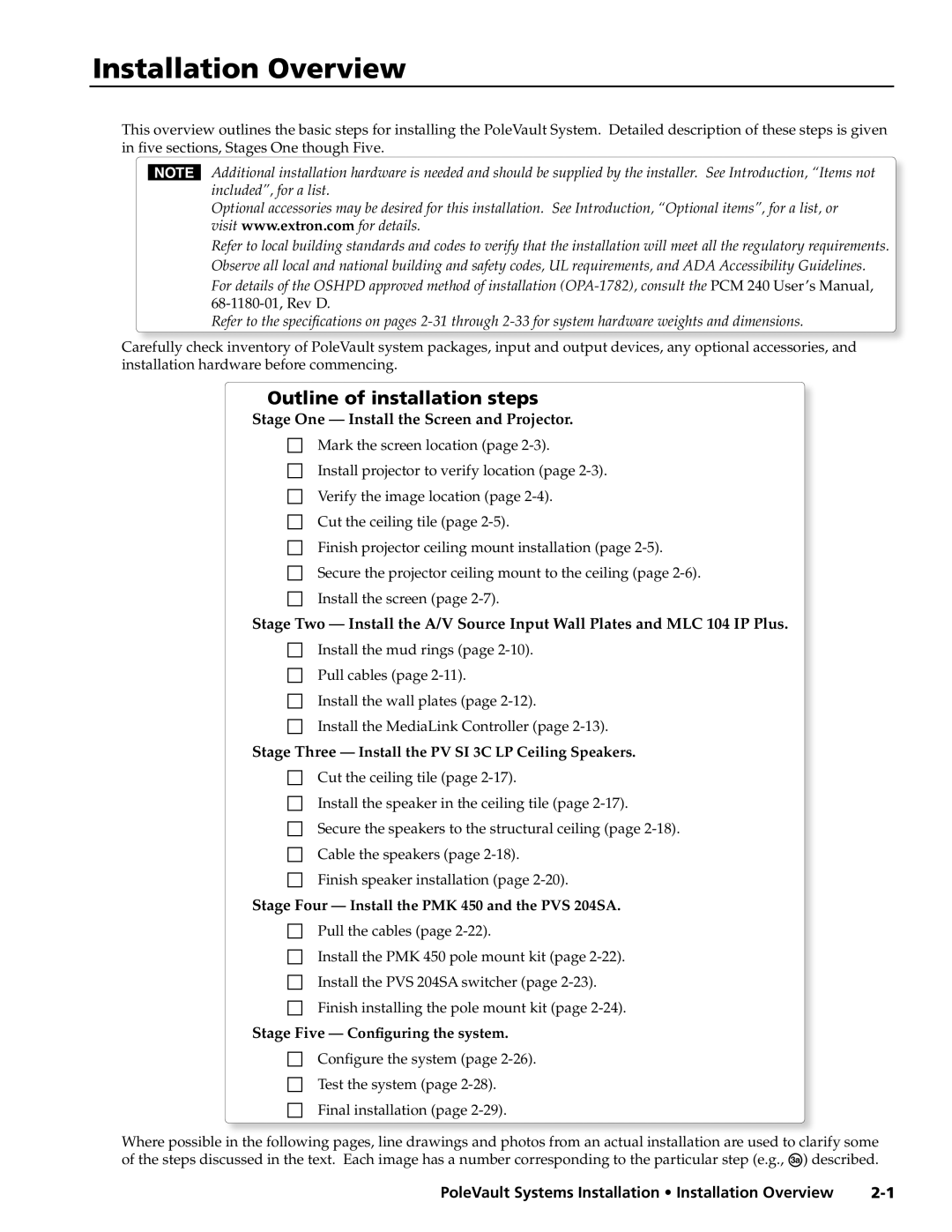 Extron electronic PVS 400, PVS 200, PVS 300 manual Installation Overview, Outline of installation steps 