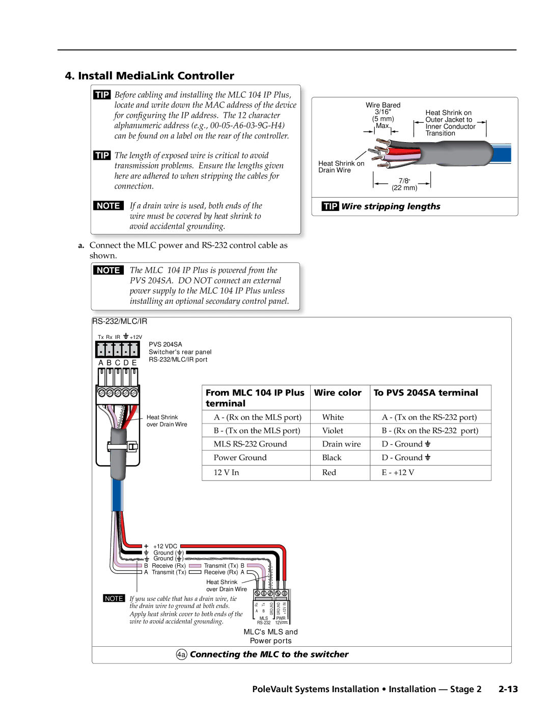 Extron electronic PVS 400 Install MediaLink Controller, TWire stripping lengths, 4a Connecting the MLC to the switcher 