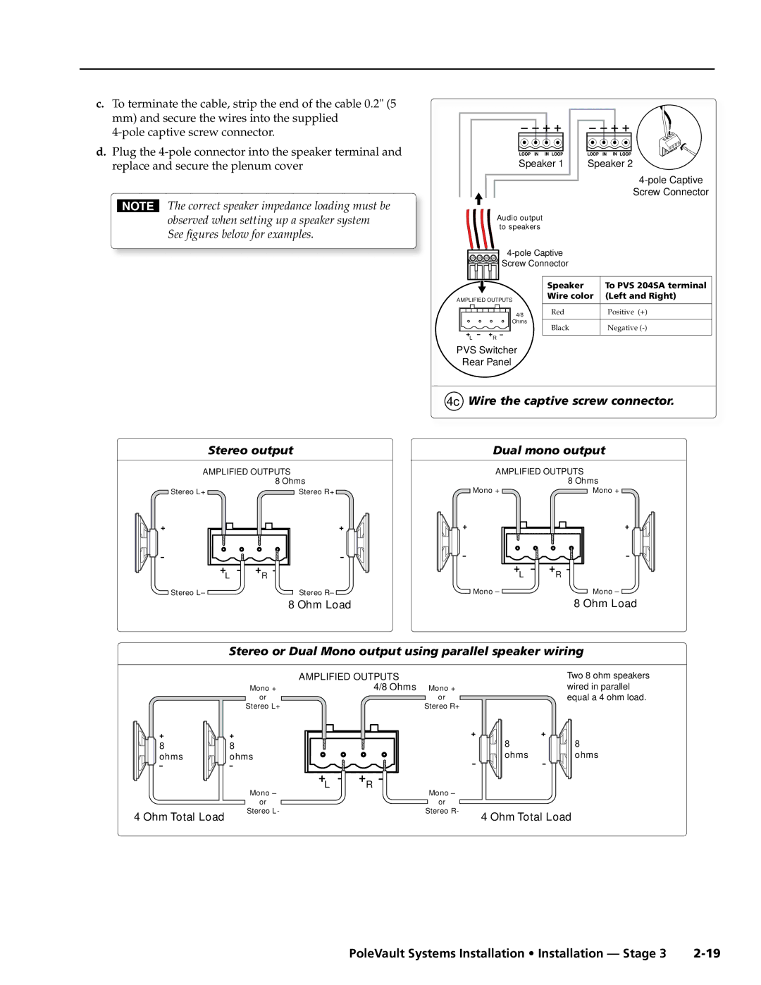 Extron electronic PVS 400, PVS 200, PVS 300 manual Stereo output, 4c Wire the captive screw connector Dual mono output 