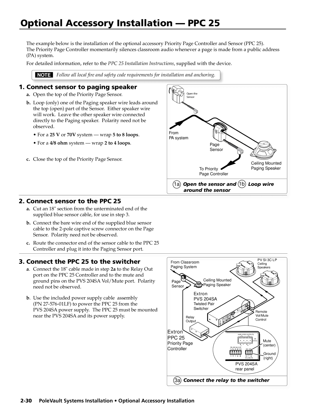 Extron electronic PVS 200, PVS 400, PVS 300 manual Optional Accessory Installation PPC, Connect sensor to paging speaker 