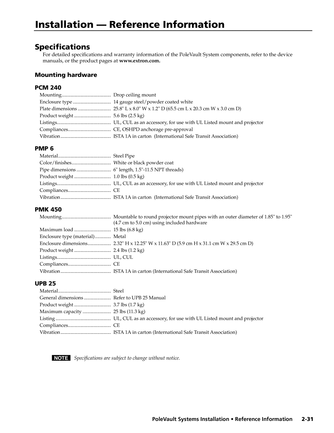 Extron electronic PVS 400, PVS 200, PVS 300 manual PoleVault Systems Installation Reference Information 