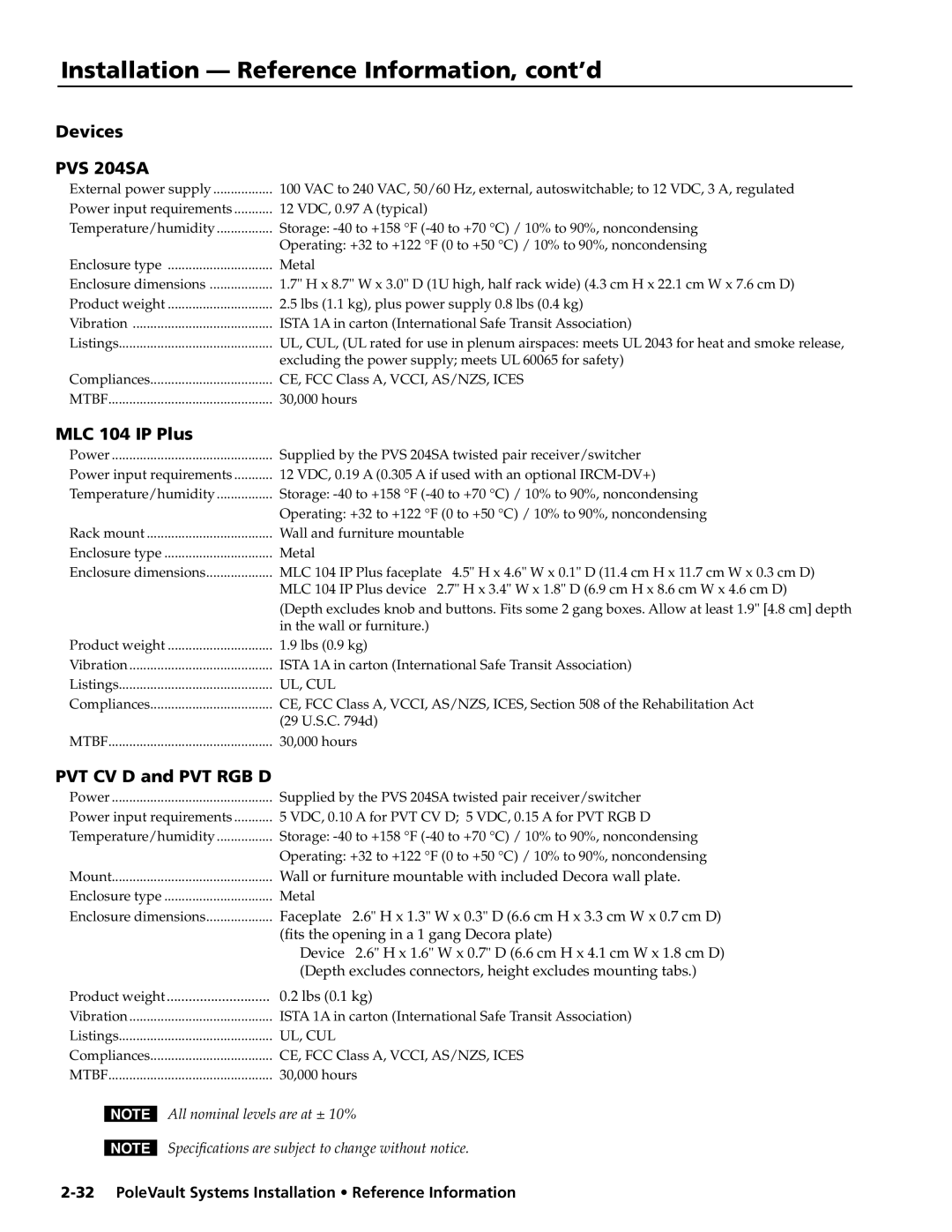 Extron electronic PVS 300, PVS 200, PVS 400 manual Installation Reference Information, cont’d, Lbs 0.1 kg 