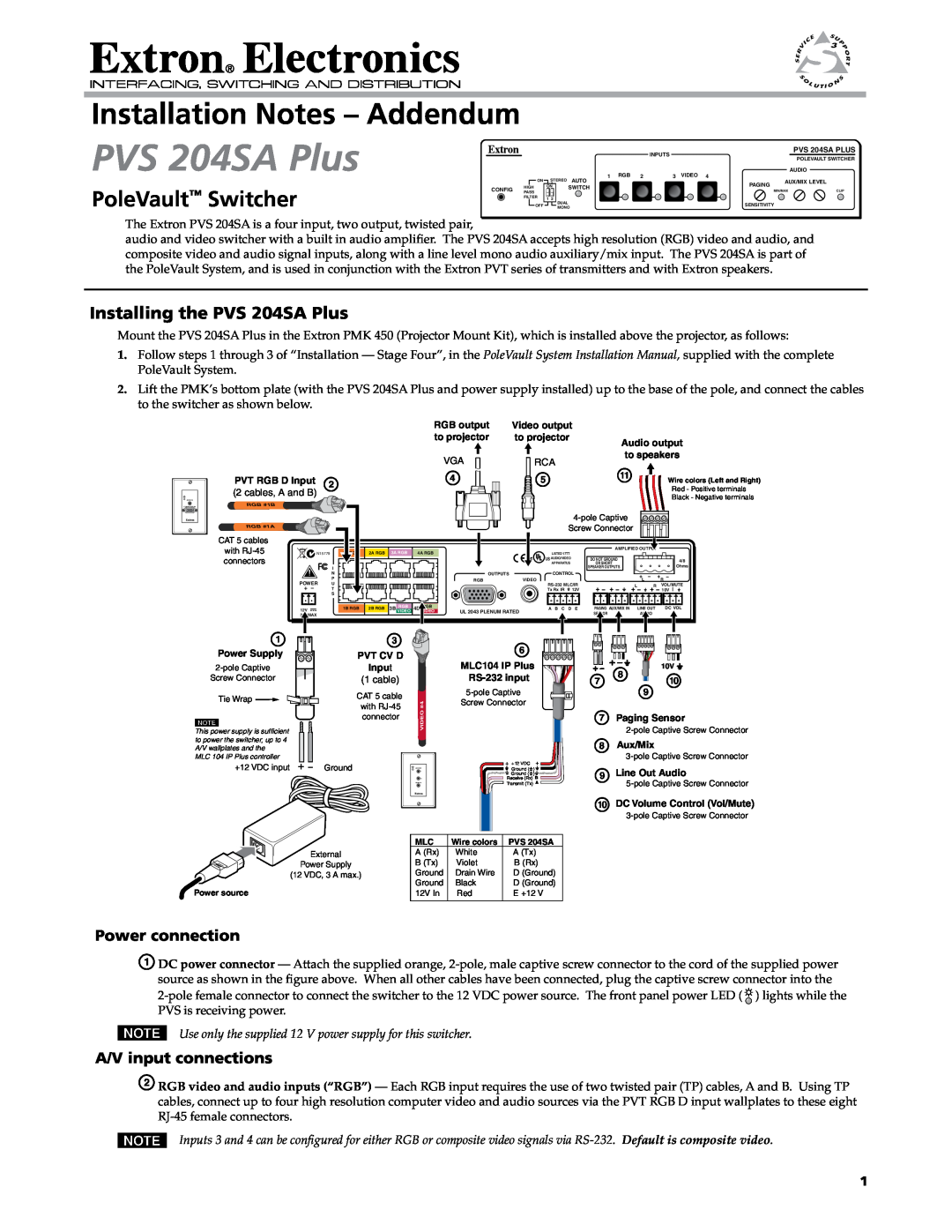 Extron electronic PVS 204SA PLUS installation manual Installing the PVS 204SA Plus, Power connection, PoleVault Switcher 