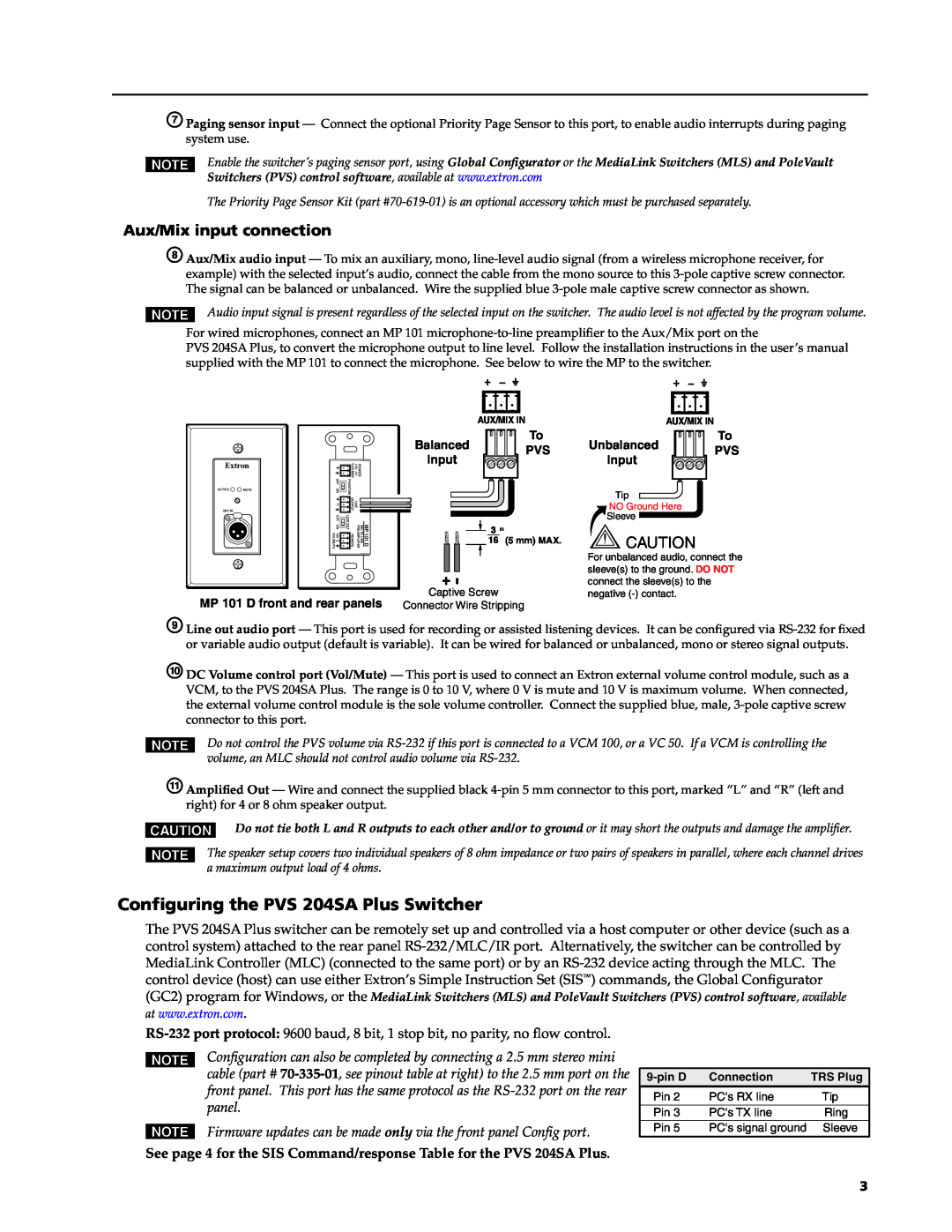 Extron electronic PVS 204SA PLUS installation manual Configuring the PVS 204SA Plus Switcher, Aux/Mix input connection 