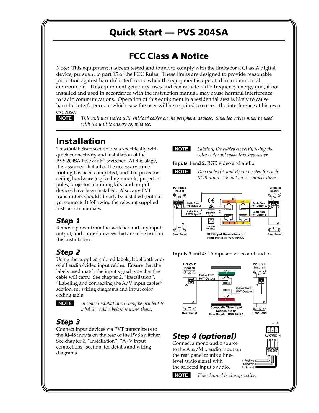 Extron electronic manual Quick Start PVS 204SA, FCC Class a Notice 