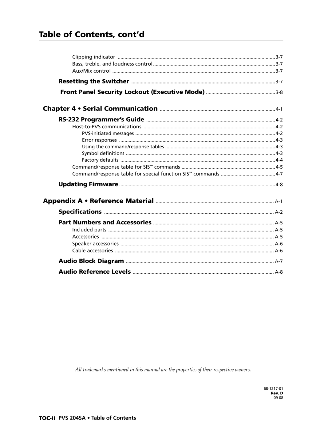 Extron electronic PVS 204SA manual Table of Contents, cont’d 