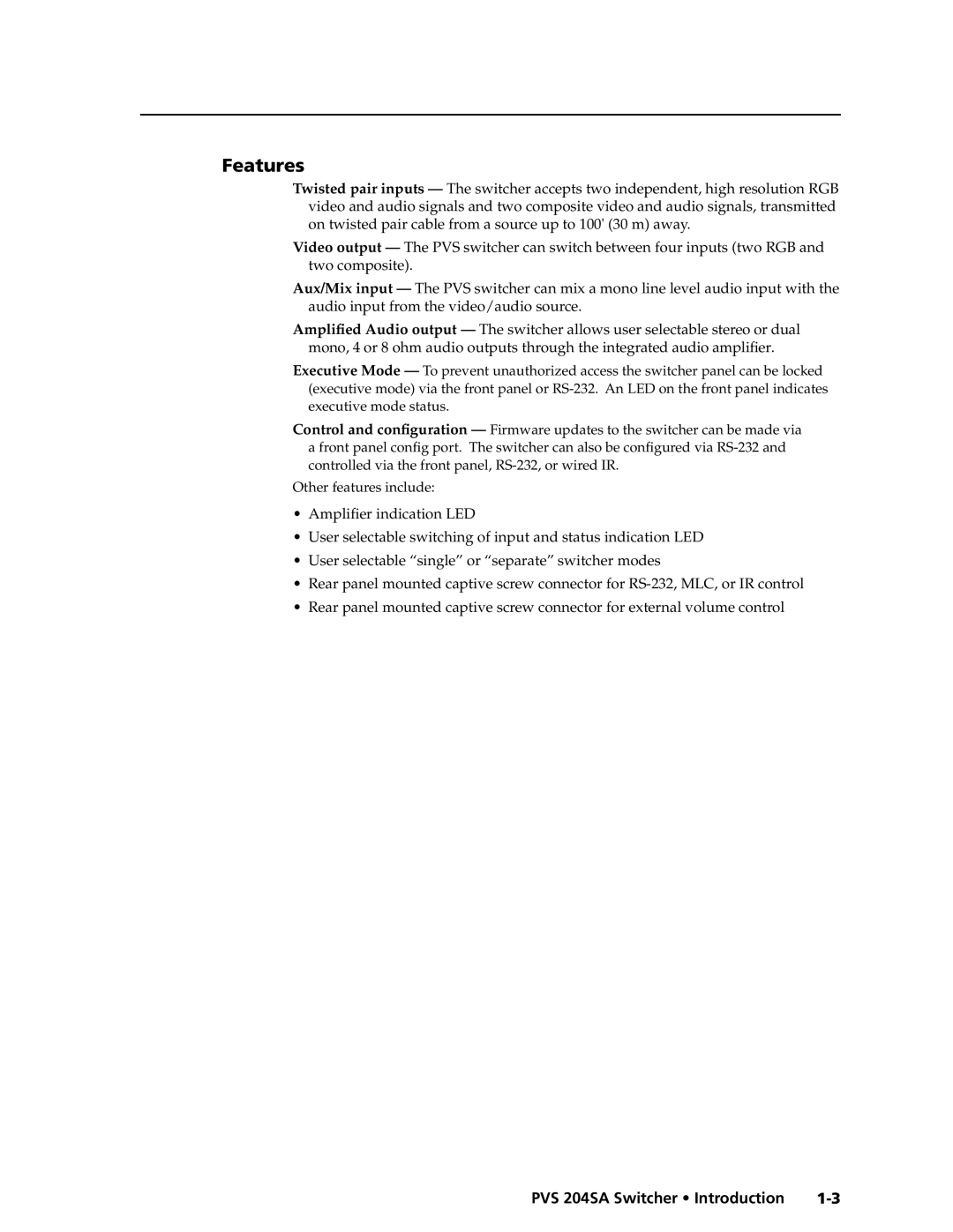 Extron electronic PVS 204SA manual Features 