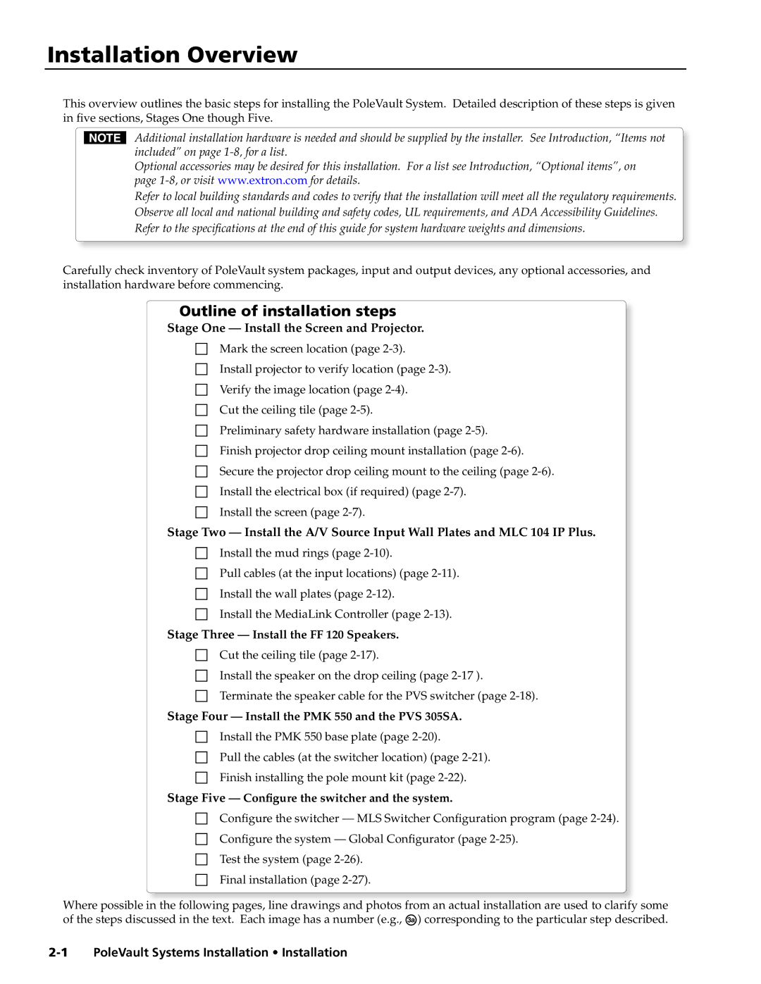 Extron electronic PVS 305SA manual Installation Overview, Outline of installation steps 