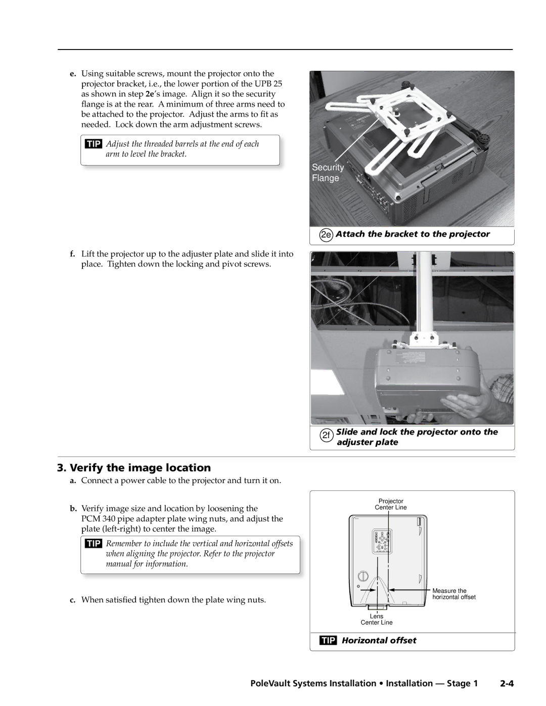 Extron electronic PVS 305SA manual Verify the image location, 2e Attach the bracket to the projector, Horizontal offset 