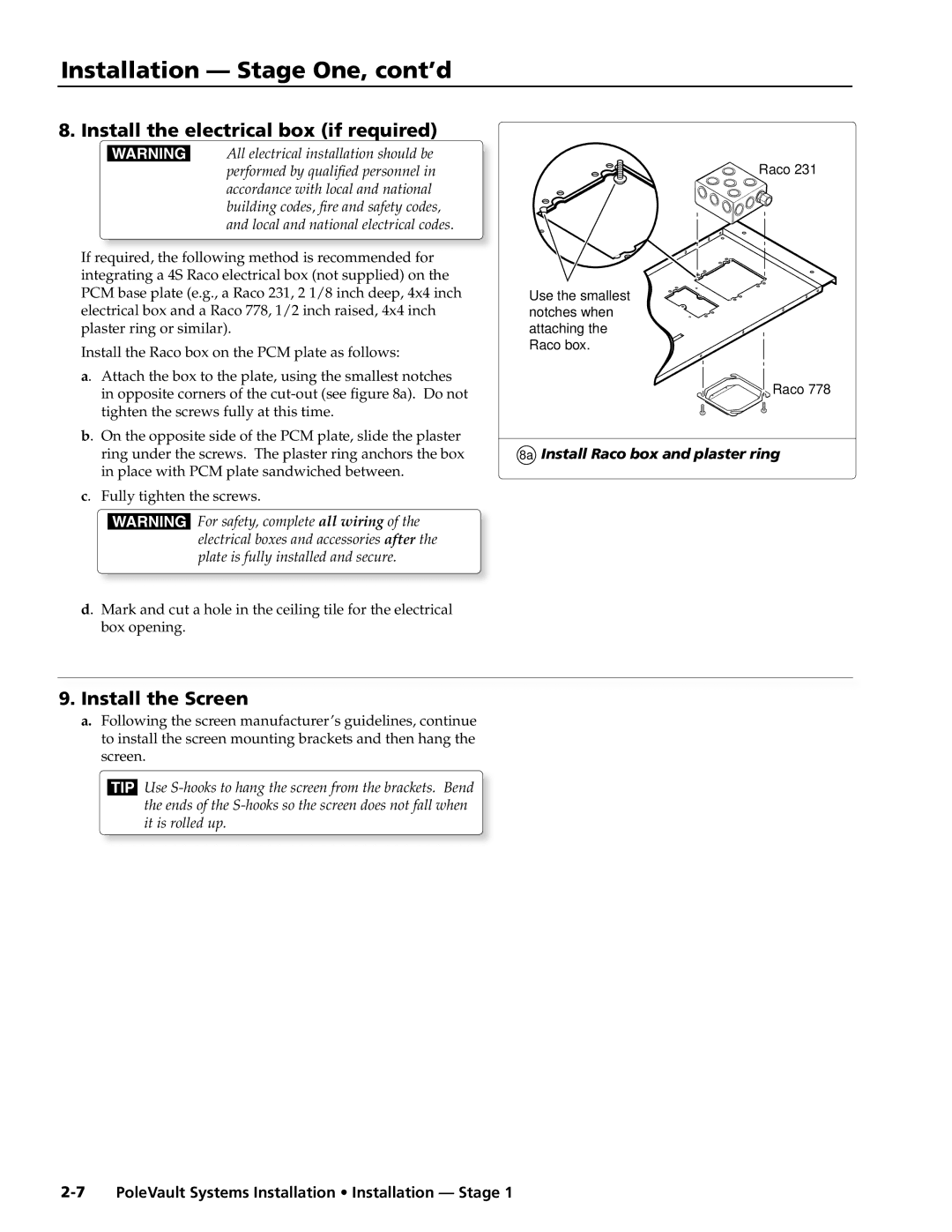 Extron electronic PVS 305SA manual Install the electrical box if required, Install the Screen 