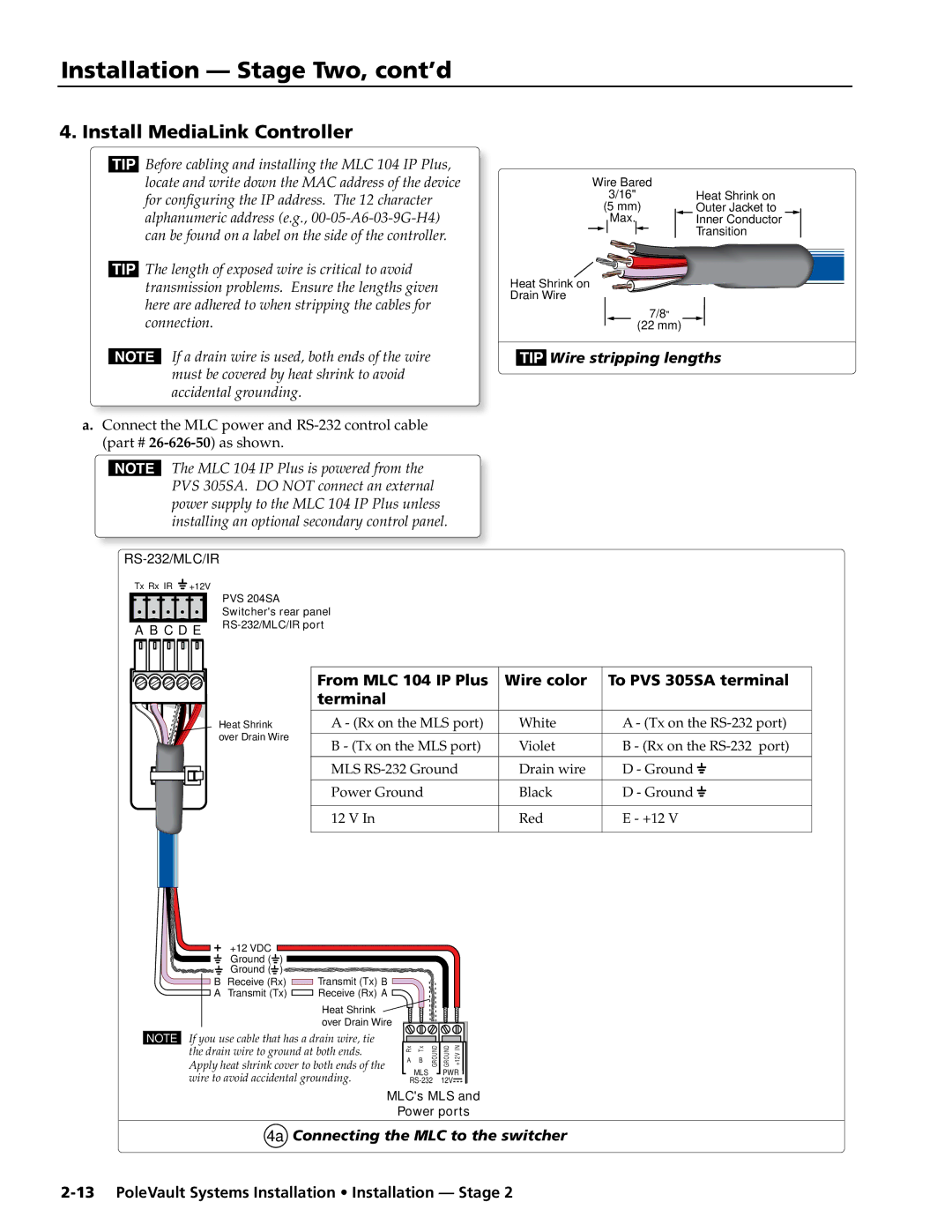 Extron electronic PVS 305SA Install MediaLink Controller, Wire stripping lengths, 4a Connecting the MLC to the switcher 