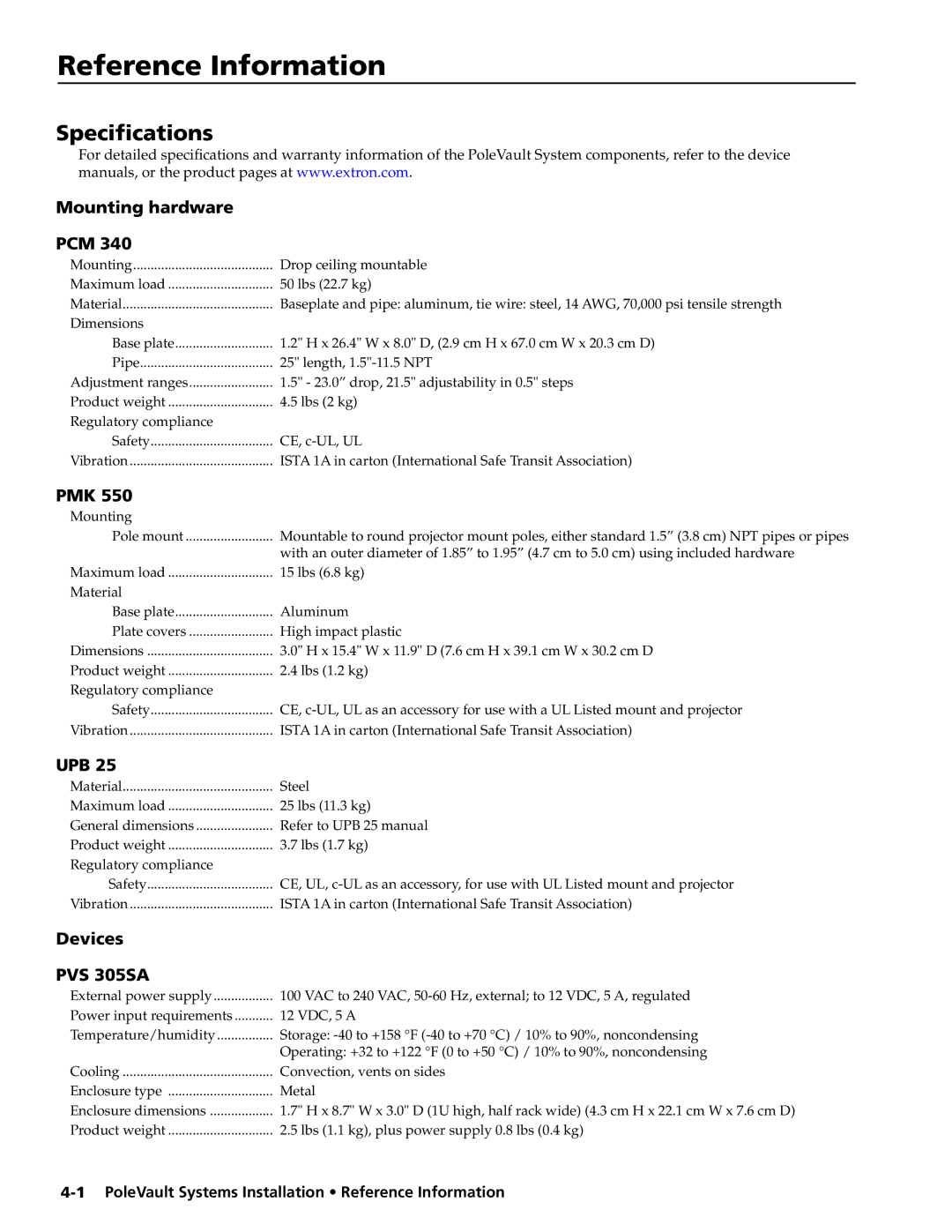 Extron electronic PVS 305SA manual PoleVault Systems Installation Reference Information 