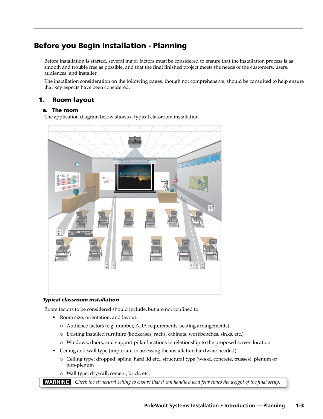 Extron electronic PVS 305SA manual Room layout, Typical classroom installation 