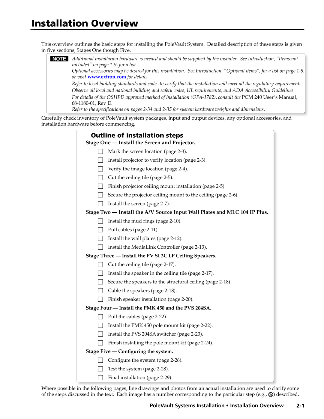 Extron electronic PVS 400, 300, 200 manual Installation Overview, Outline of installation steps 