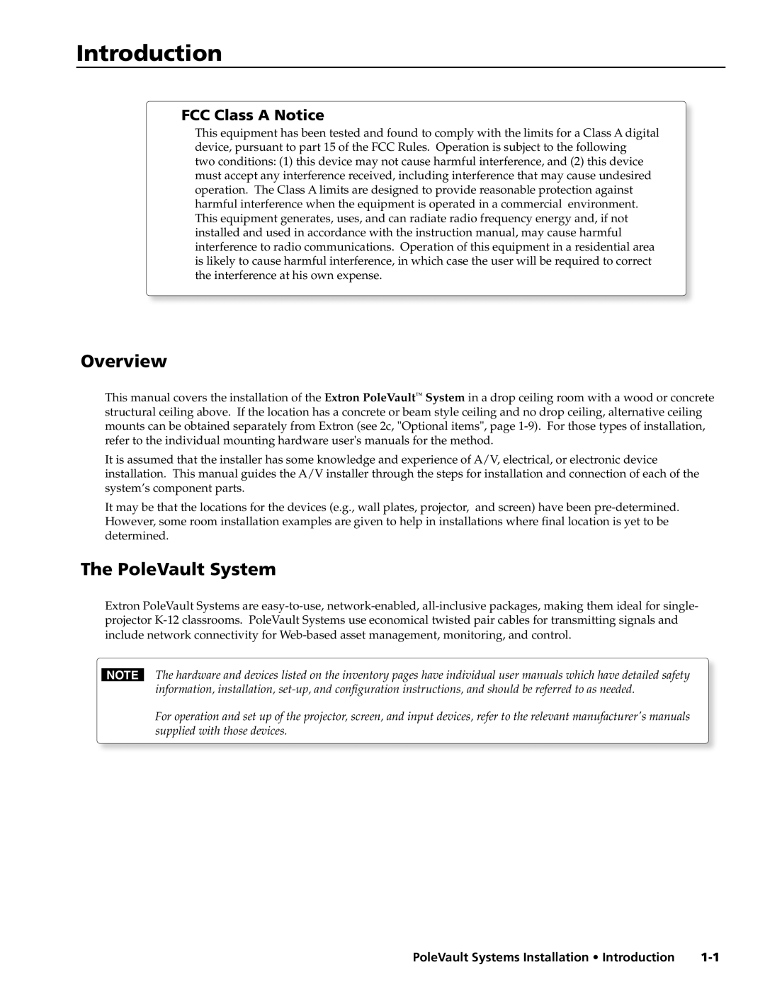 Extron electronic 200, PVS 400, 300 manual FCC Class a Notice, PoleVault Systems Installation Introduction 