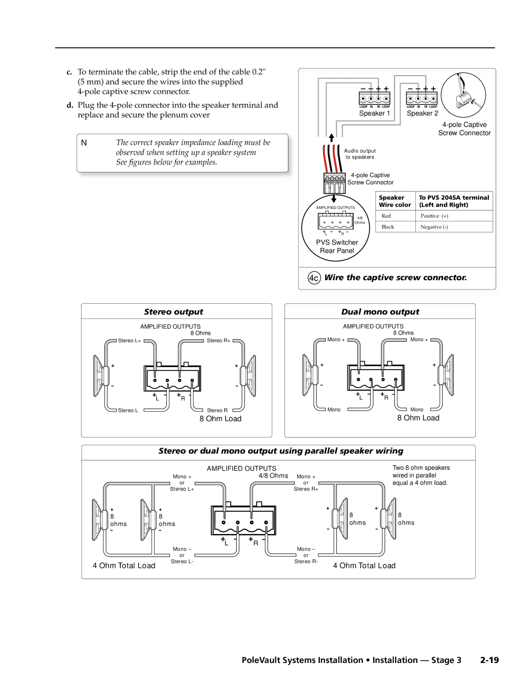 Extron electronic 200, 400 To terminate the cable, strip the end of the cable, Pole captive screw connector, Stereo output 