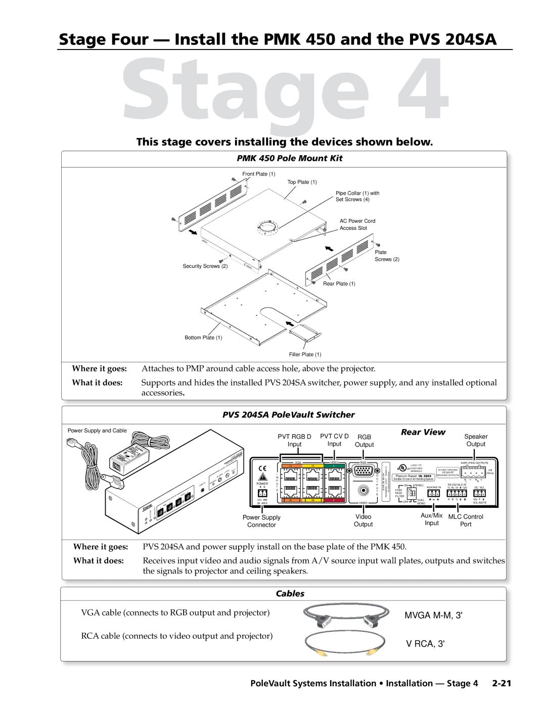 Extron electronic PVS 400, 300, 200 Stage Four Install the PMK 450 and the PVS 204SA, PMK 450 Pole Mount Kit, Rear View 