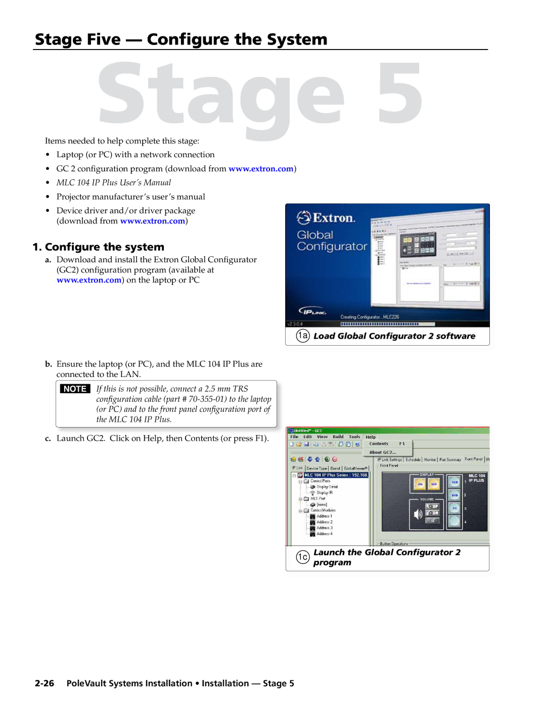 Extron electronic 300, 400 Stage Five Configure the System, Configure the system, 1a Load Global Configurator 2 software 