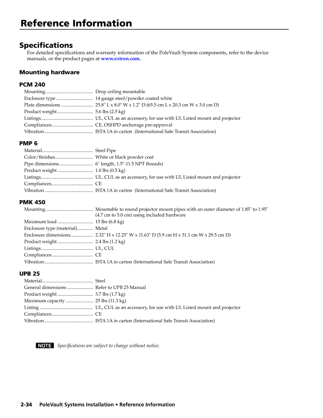 Extron electronic 300, PVS 400, 200 manual PoleVault Systems Installation Reference Information 