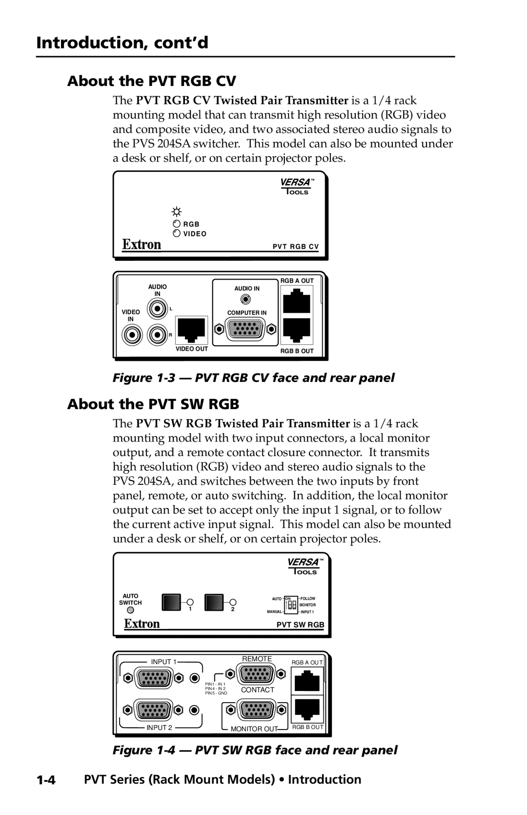 Extron electronic PVT CV manual Introduction, cont’d, About the PVT RGB CV, About the PVT SW RGB 