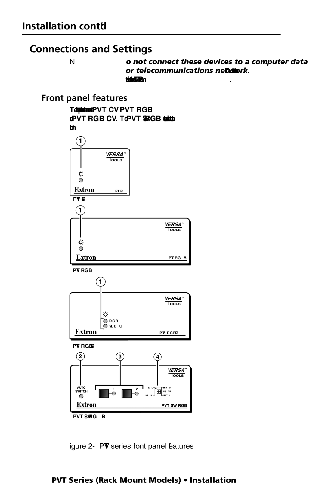 Extron electronic PVT RGB CV, PVT CV, PVT SW RGB manual Installation, cont’d Connections and Settings, Front panel features 