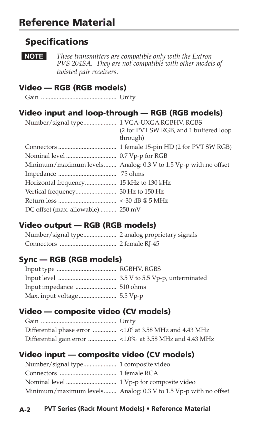 Extron electronic PVT RGB CV, PVT CV, PVT SW RGB manual Reference Material, Specifications 