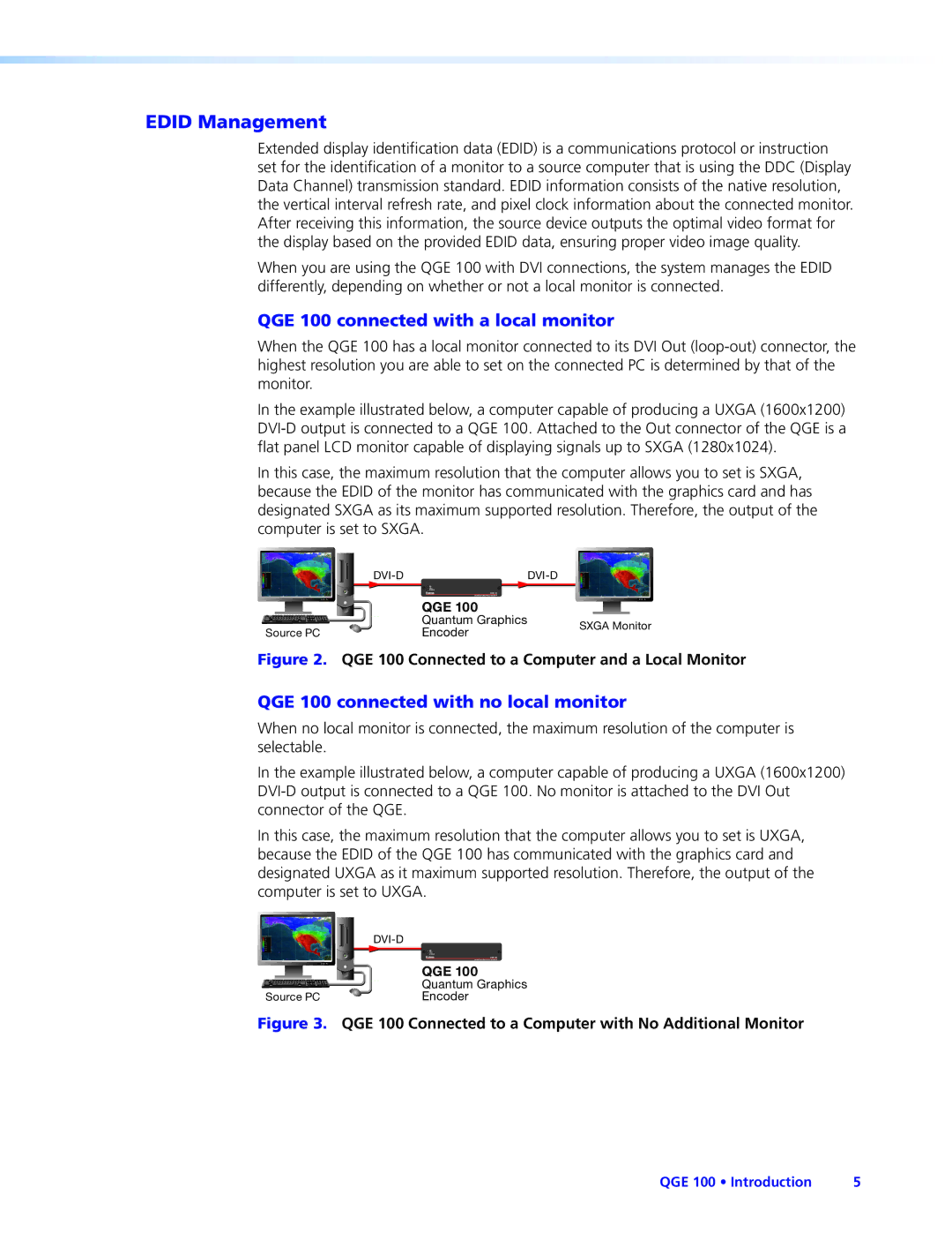 Extron electronic Edid Management, QGE 100 connected with a local monitor, QGE 100 connected with no local monitor 