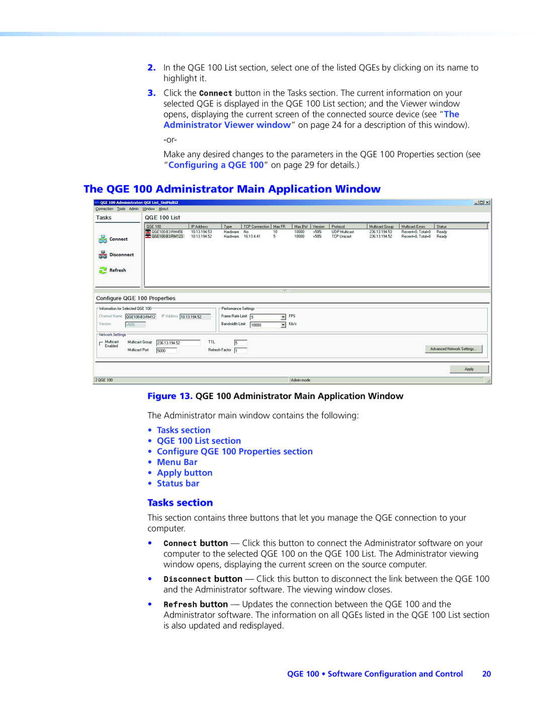 Extron electronic manual QGE 100 Administrator Main Application Window, Tasks section 