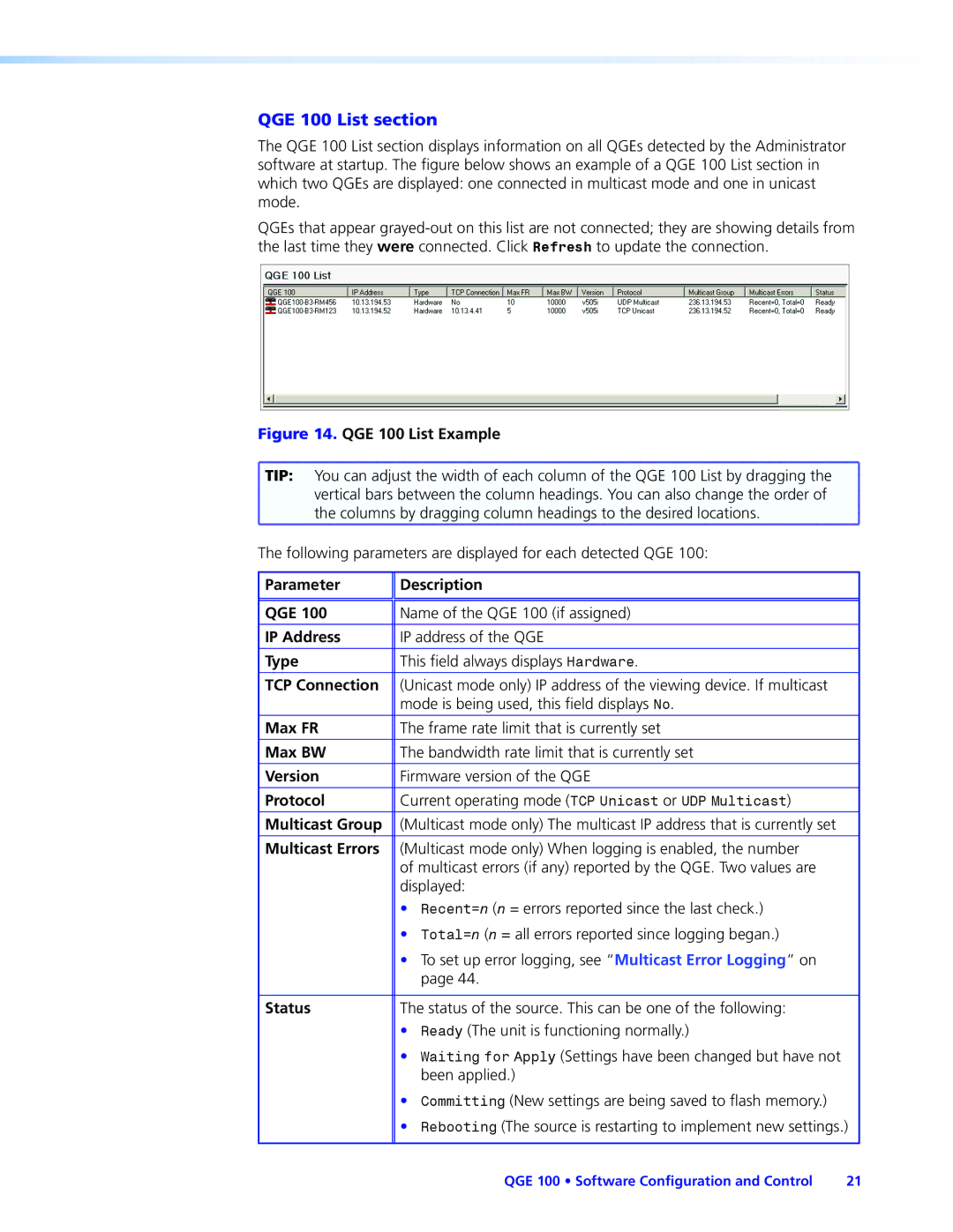 Extron electronic manual QGE 100 List section 