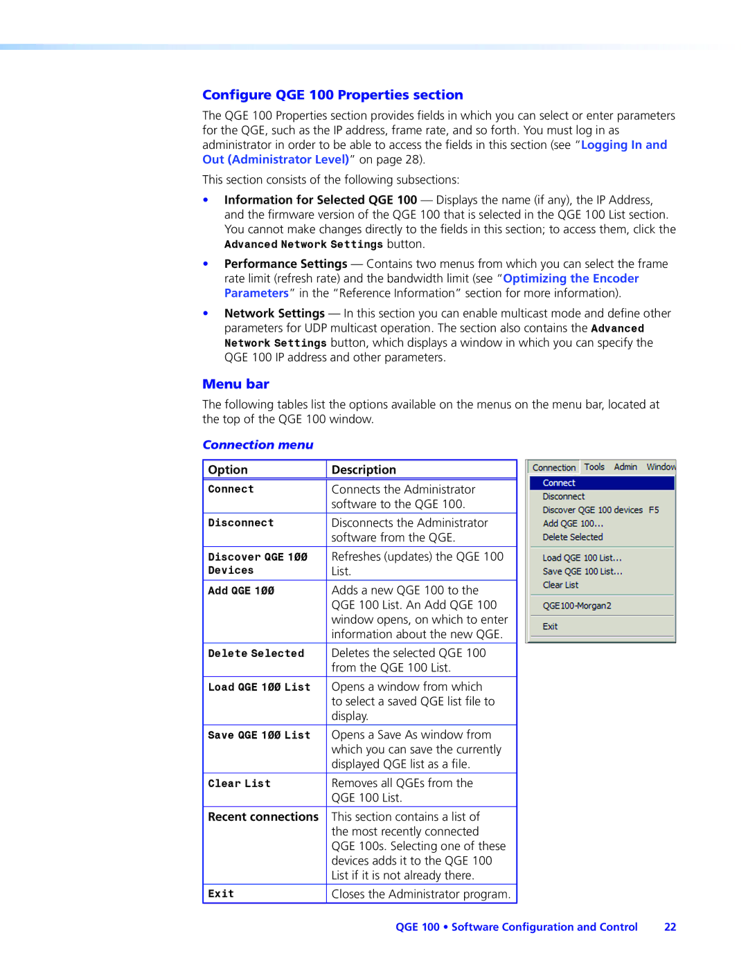 Extron electronic manual Configure QGE 100 Properties section, Menu bar, Option Description, Recent connections 