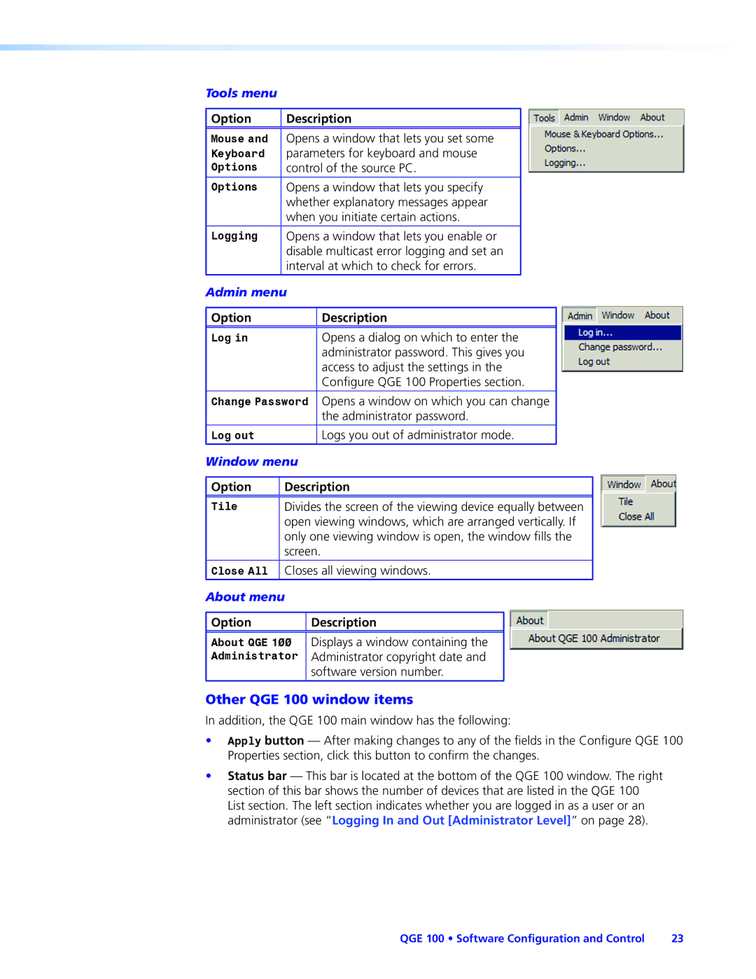 Extron electronic manual Other QGE 100 window items, Tools menu 