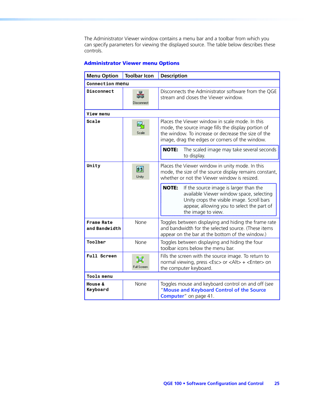 Extron electronic QGE 100 manual Administrator Viewer menu Options, Menu Option Toolbar Icon Description 