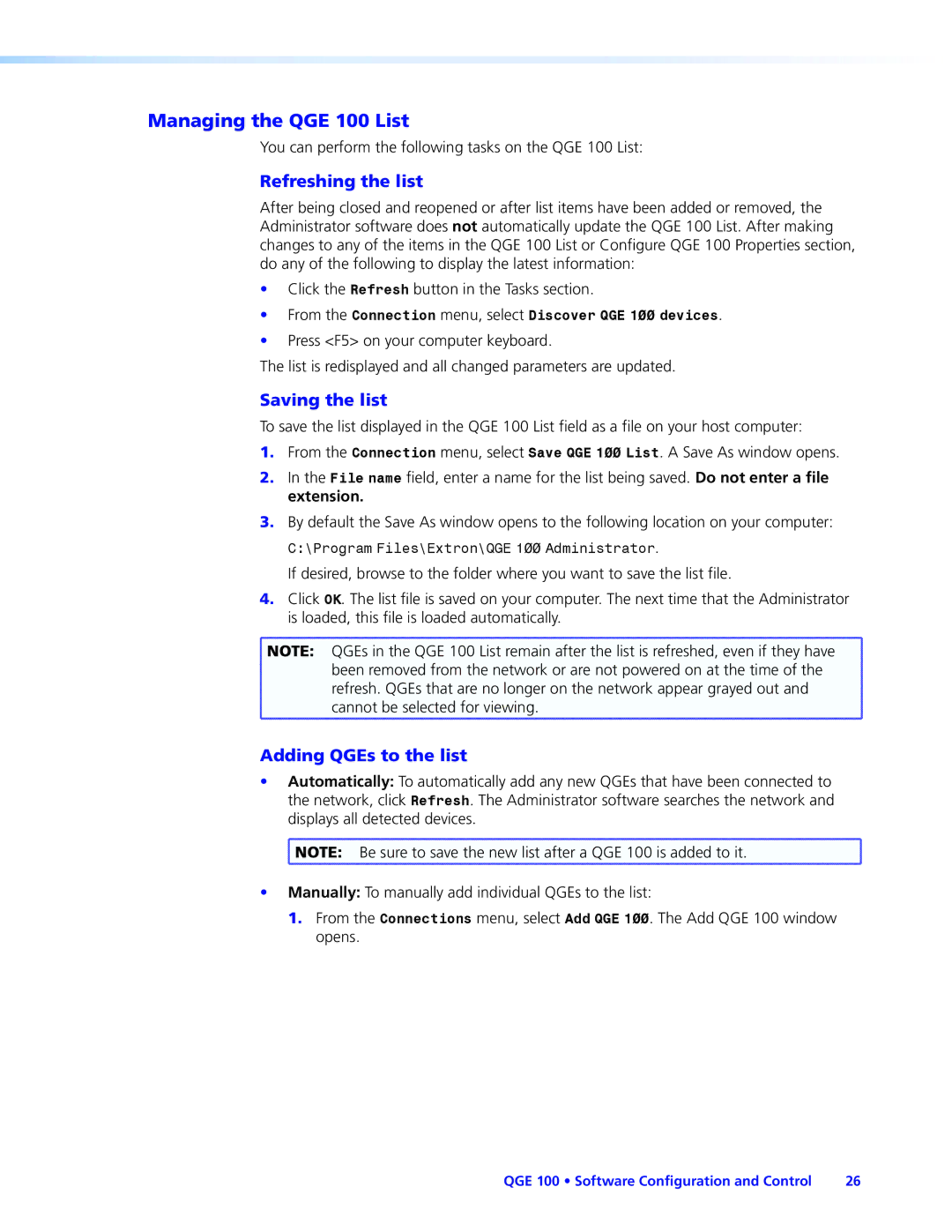 Extron electronic manual Managing the QGE 100 List, Refreshing the list, Saving the list, Adding QGEs to the list 