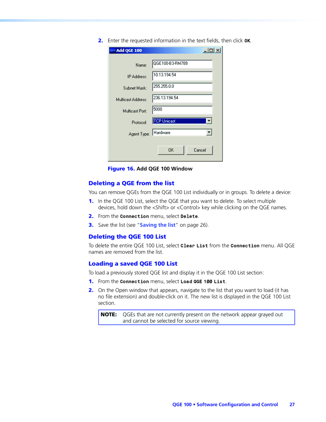 Extron electronic manual Deleting a QGE from the list, Deleting the QGE 100 List, Loading a saved QGE 100 List 