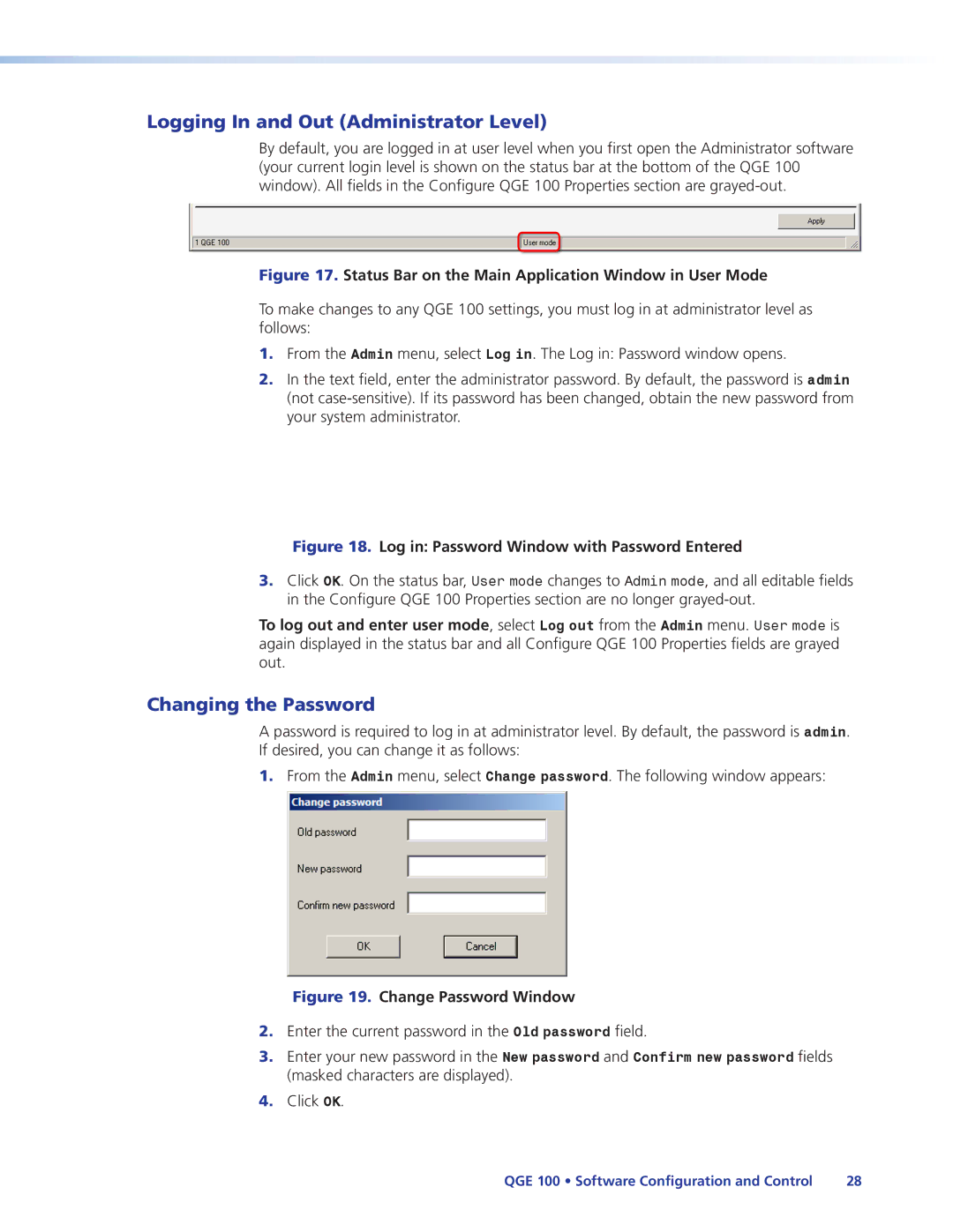 Extron electronic QGE 100 manual Logging In and Out Administrator Level, Changing the Password 