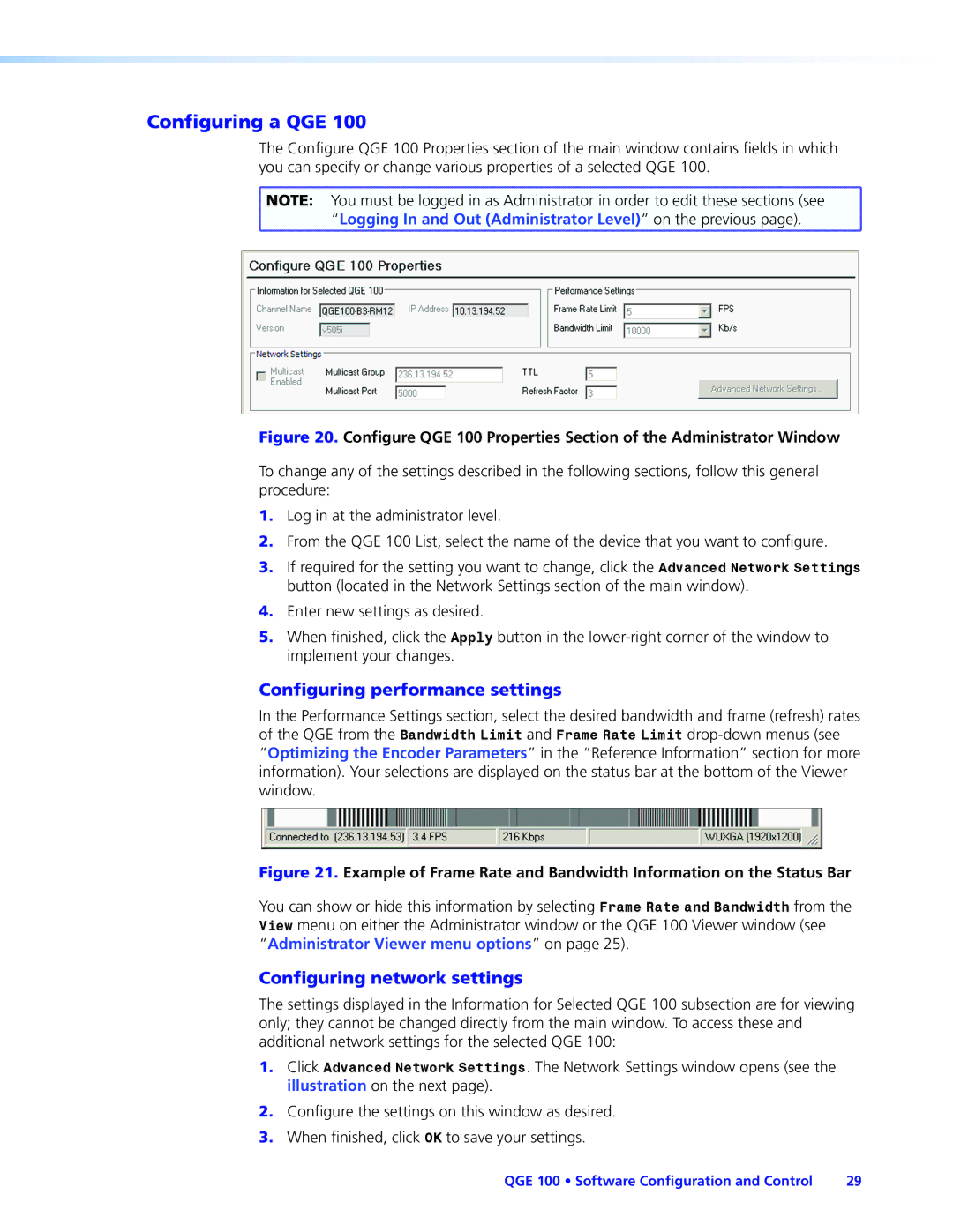 Extron electronic QGE 100 manual Configuring a QGE, Configuring performance settings, Configuring network settings 