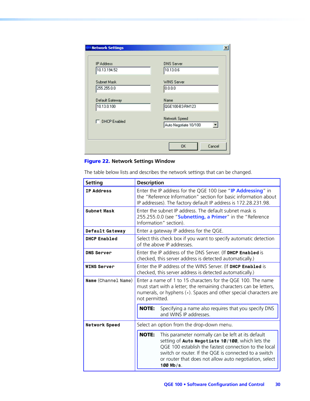 Extron electronic QGE 100 manual Network Settings Window, Setting Description 