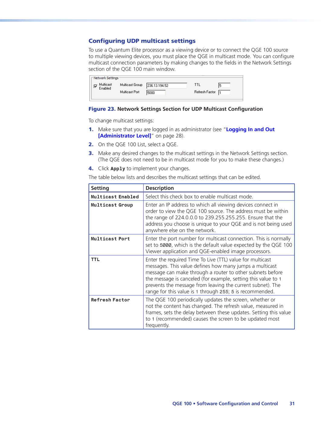 Extron electronic QGE 100 Configuring UDP multicast settings, Network Settings Section for UDP Multicast Configuration 