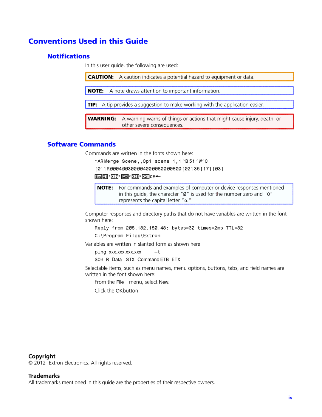 Extron electronic QGE 100 manual Conventions Used in this Guide, Notifications, Software Commands 