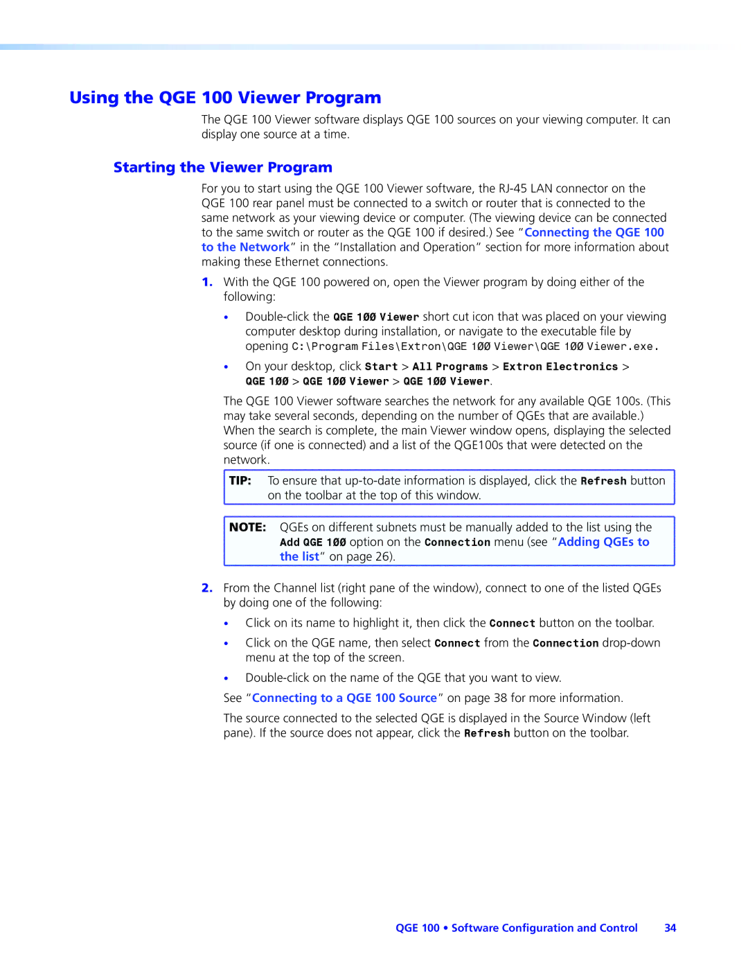 Extron electronic manual Using the QGE 100 Viewer Program, Starting the Viewer Program 