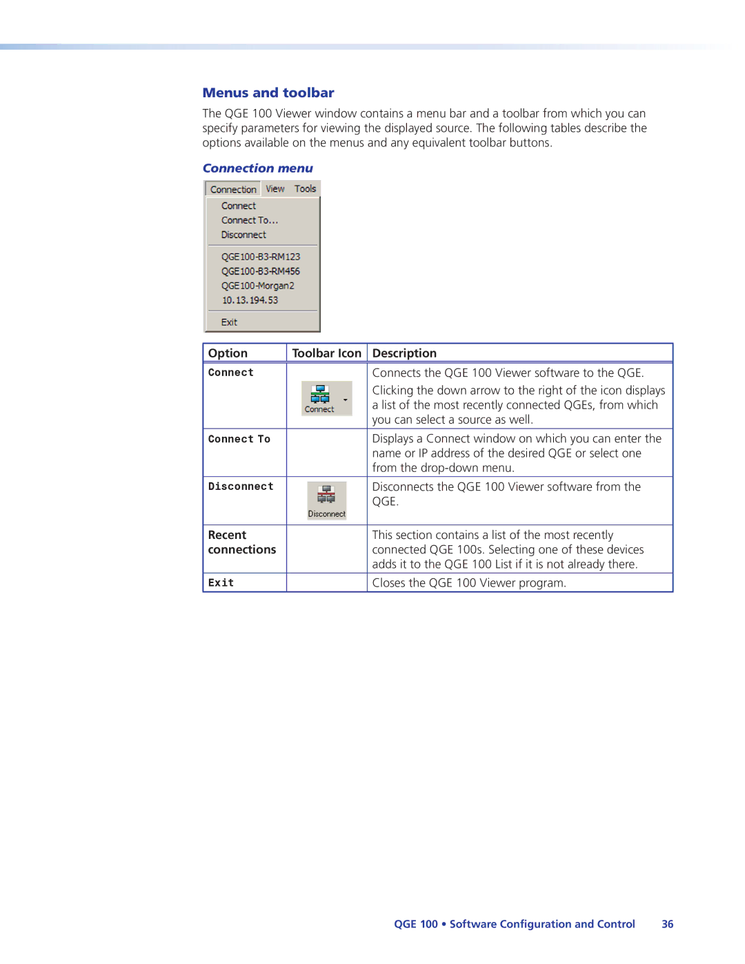 Extron electronic QGE 100 manual Menus and toolbar, Option Toolbar Icon Description, Recent, Connections 