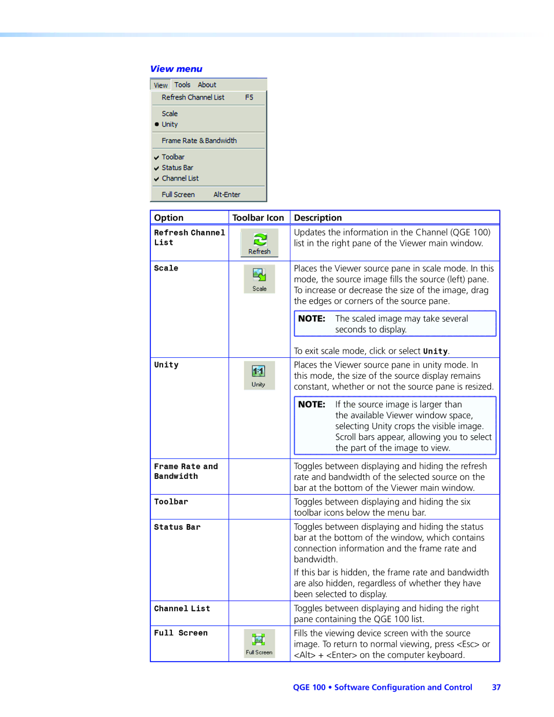 Extron electronic QGE 100 manual View menu 
