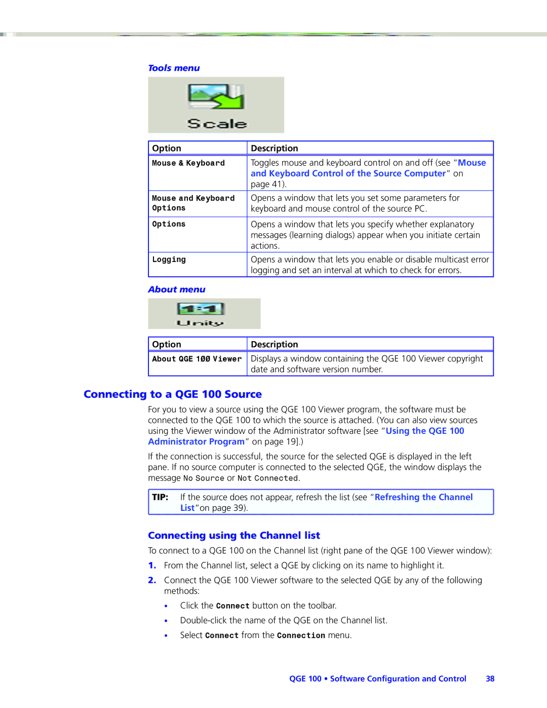 Extron electronic manual Connecting to a QGE 100 Source, Connecting using the Channel list 