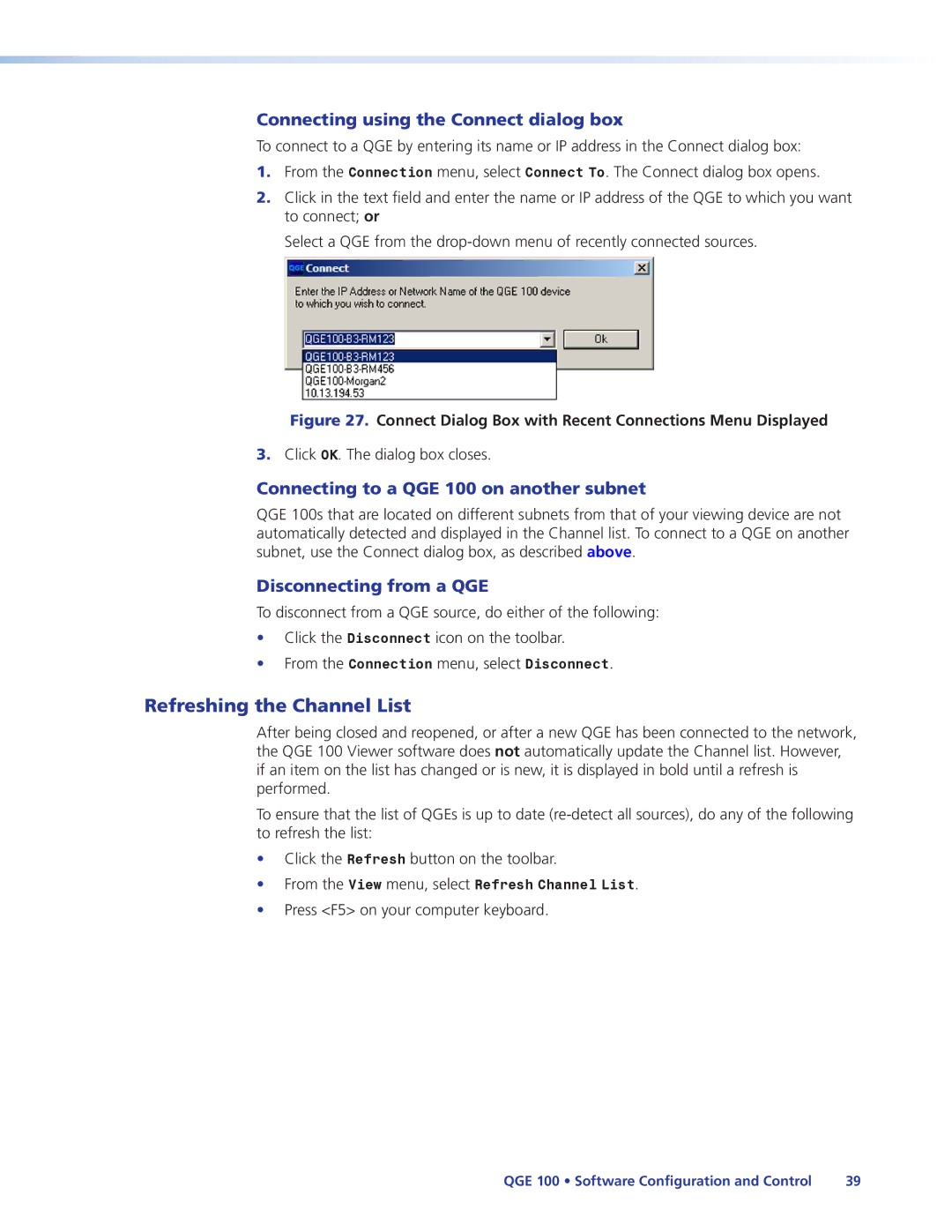 Extron electronic QGE 100 Refreshing the Channel List, Connecting using the Connect dialog box, Disconnecting from a QGE 