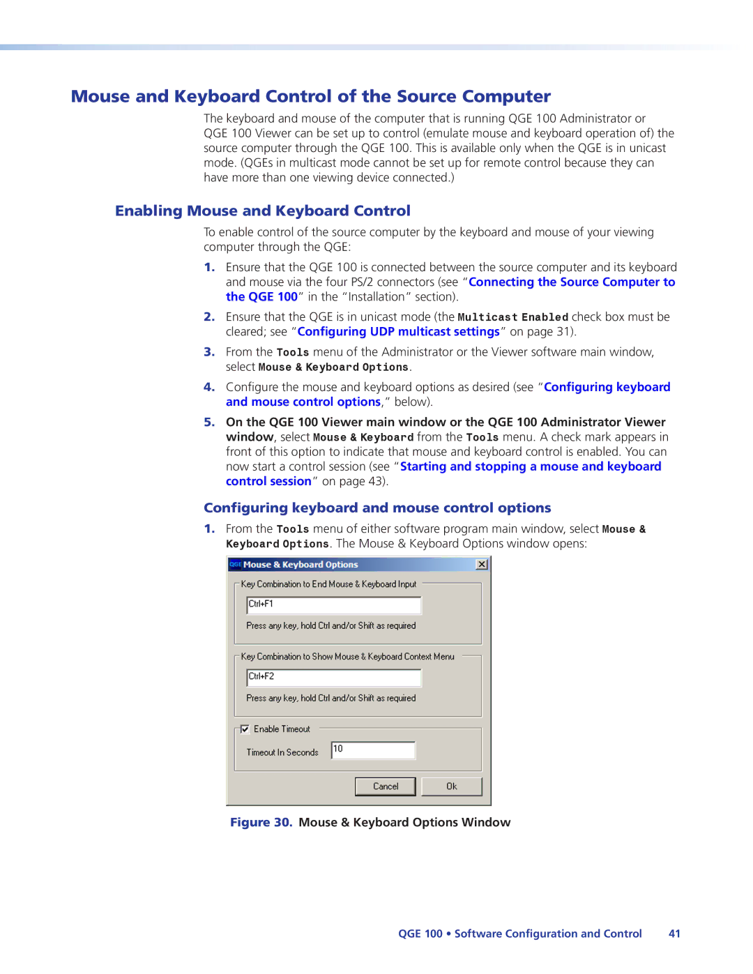Extron electronic QGE 100 manual Mouse and Keyboard Control of the Source Computer, Enabling Mouse and Keyboard Control 